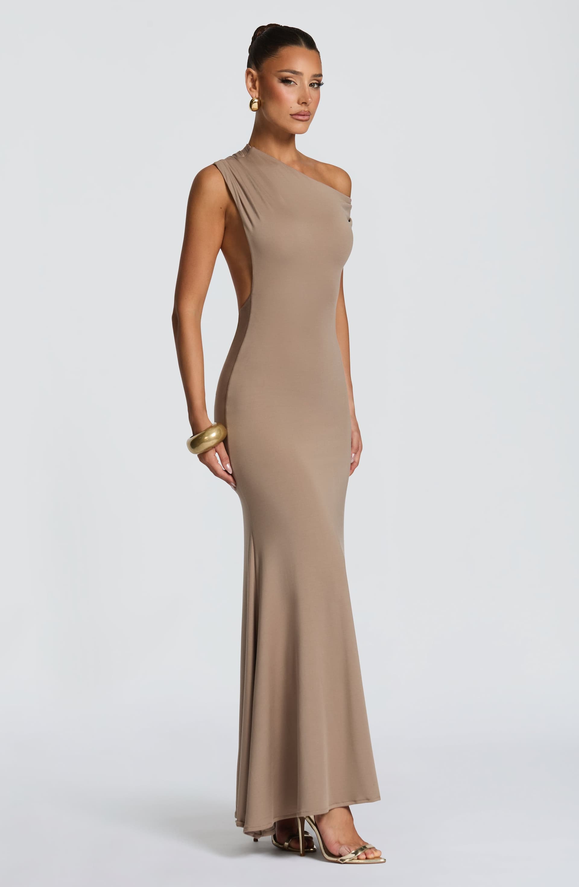 Fiora Maxi Dress in Stone - Stretch Modal Jersey Asymmetric Neckline Open Back