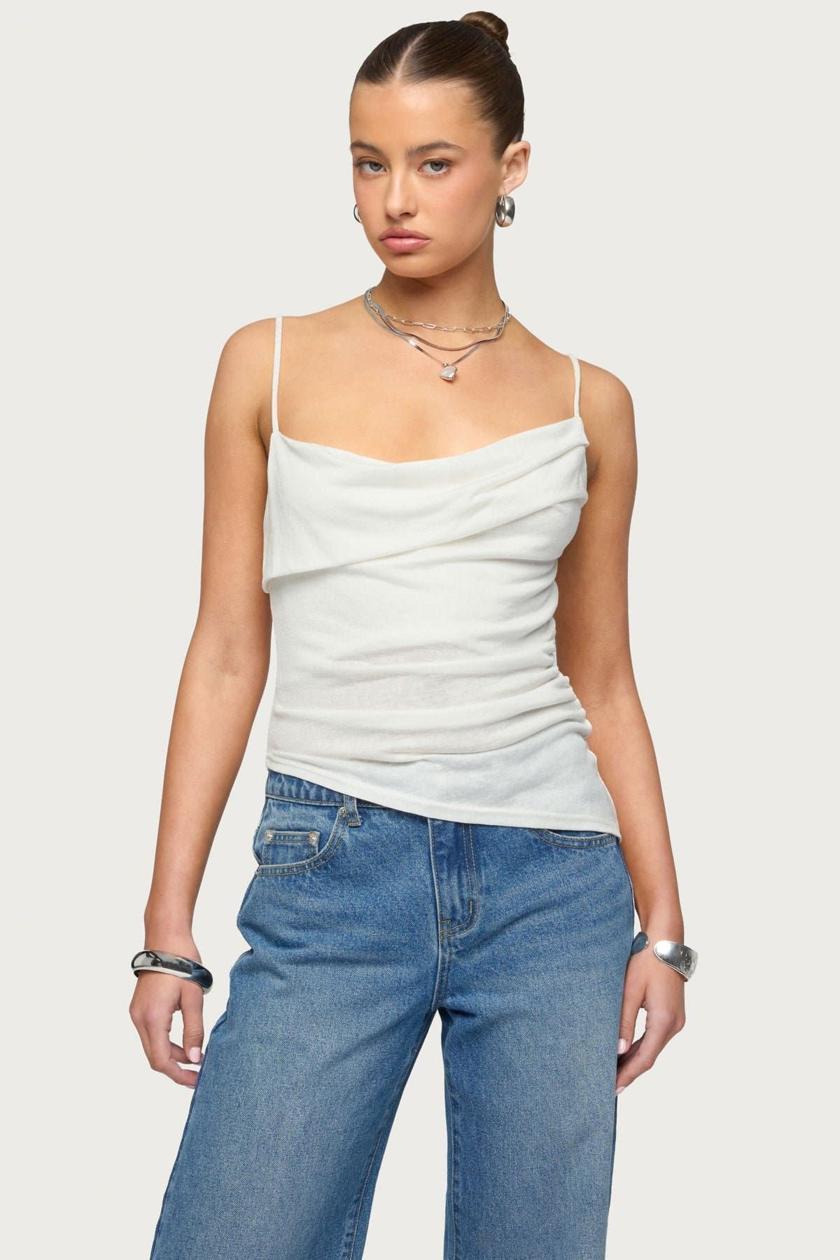 Asymmetric Cowl Neck Tank Top with Adjustable Straps - Lyocell Polyester Linen