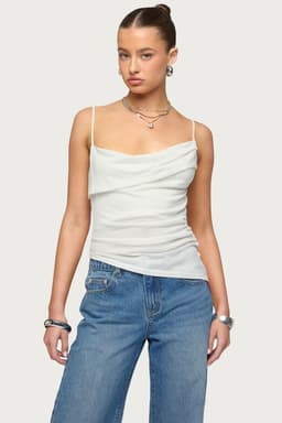 Asymmetric Cowl Neck Tank Top with Adjustable Straps - Lyocell Polyester Linen