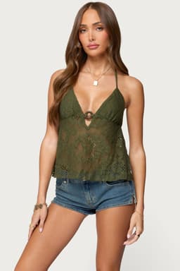 Sheer Crochet Babydoll Halter Top - Deep V Neckline, Back Tie Closure, Polyester Cotton