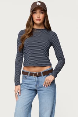 Brianna Striped Long Sleeve T-Shirt - Cotton Spandex Loungewear