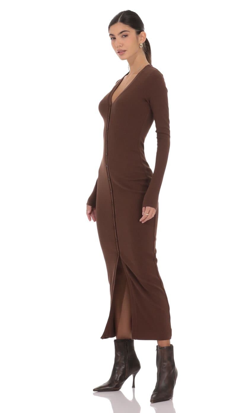 Button Down Ribbed Maxi Dress in Brown