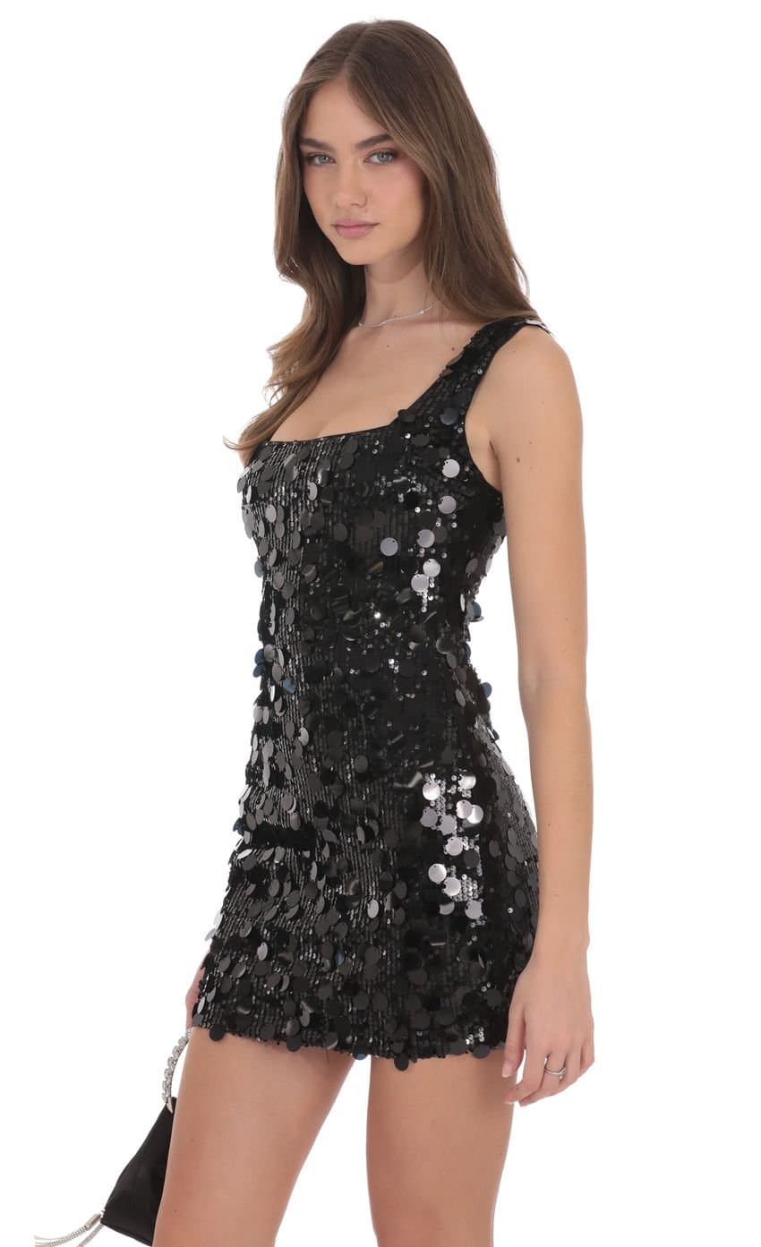 Circle Sequin Square Neck Dress in Black