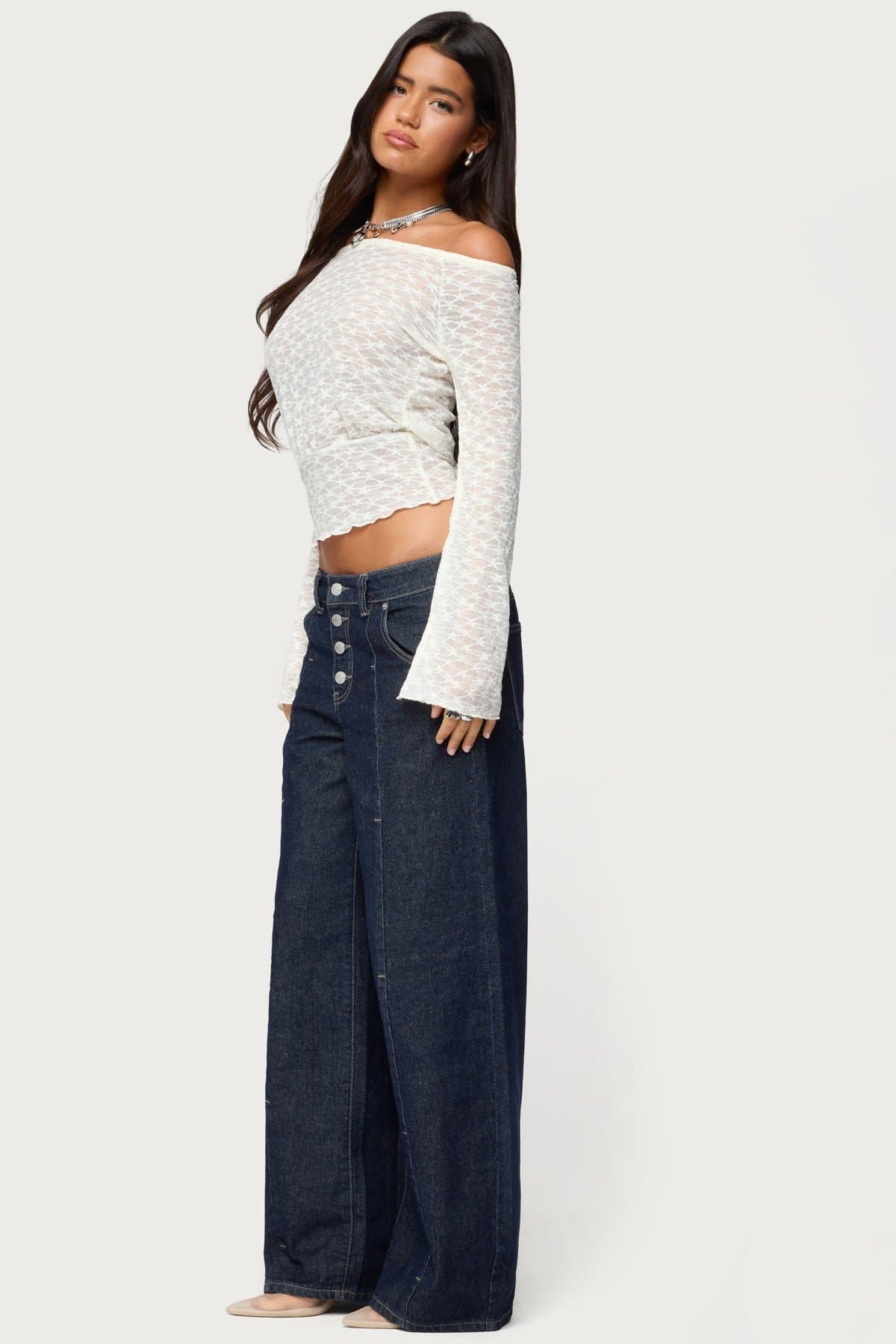 Alef Sheer Lace Off Shoulder Top with Bell Sleeves and Cinched Waist