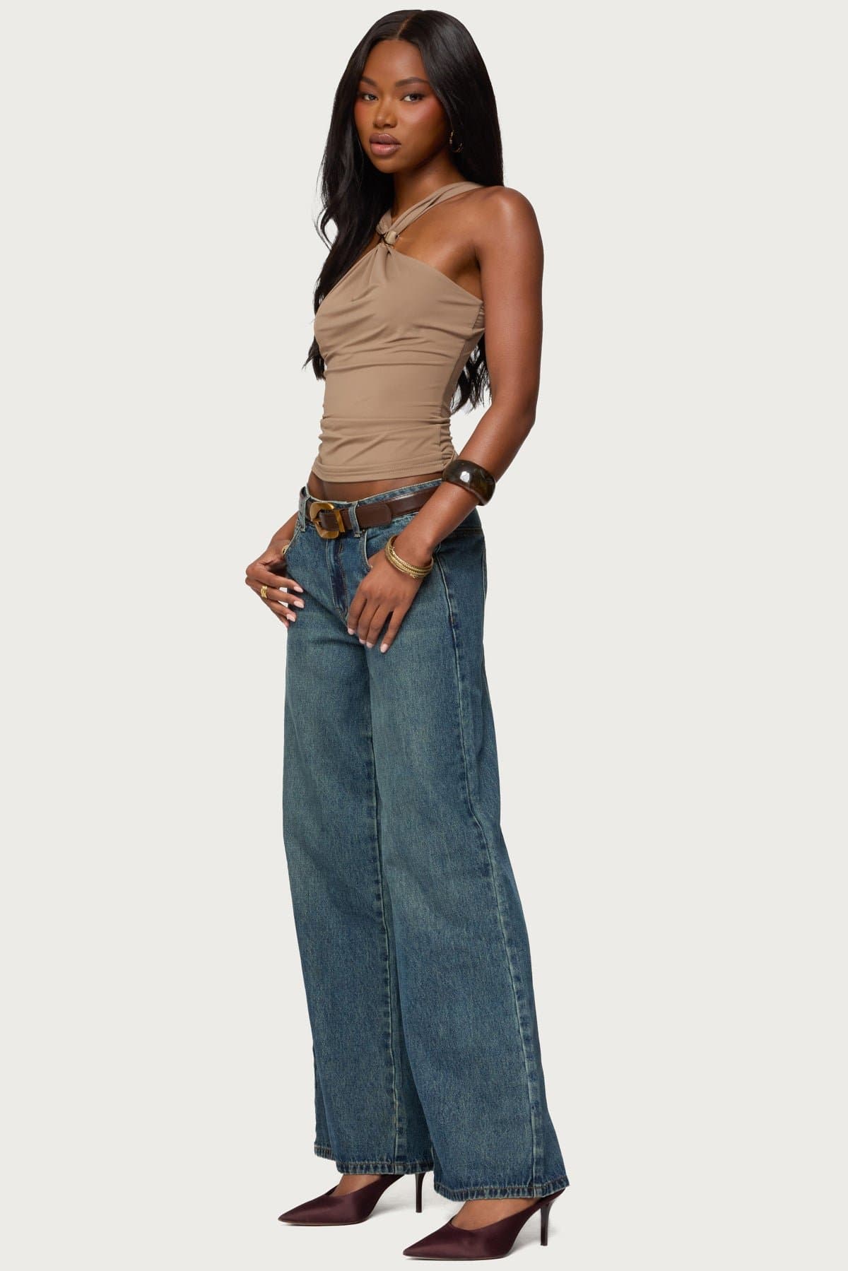 Cielle Wide Strap Gathered Top in Nylon Spandex with Gold Metal Detail