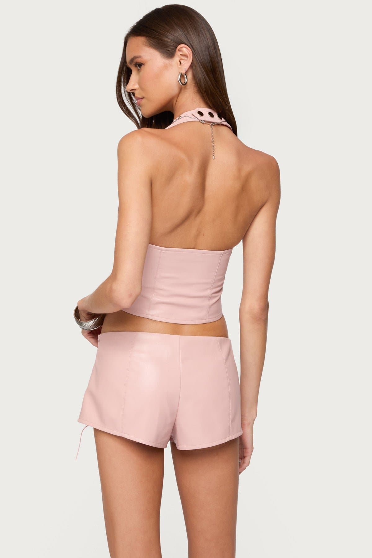 Elisha Lace Up Faux Leather Halter Top - Black Rayon Polyurethane