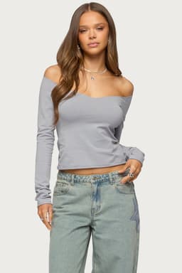 Nattie Off Shoulder V Neck Long Sleeve Top - Cotton Polyester Spandex