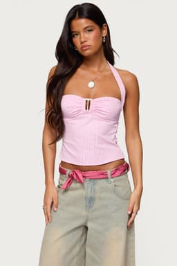 Caitie Striped Buckle Halter Top - Polyester Cotton Tie Closure Gathered Center