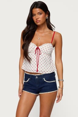 Contrast Polka Dot Cupped Chiffon Top with Adjustable Straps and Lace Trim