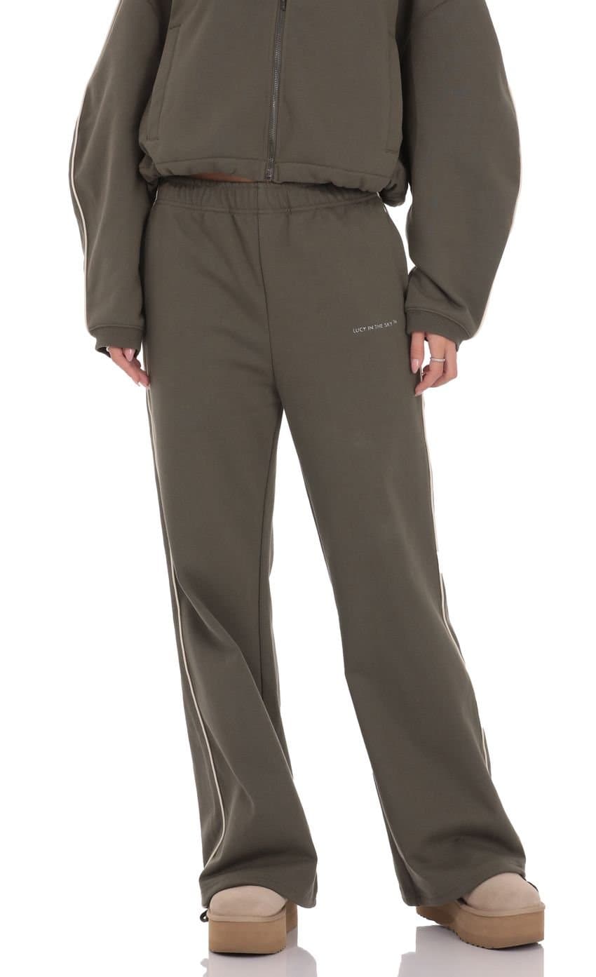 Piped Straight Leg Sweatpants in Olive Green