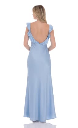 Satin Ruffle Open Maxi Dress in Light Blue