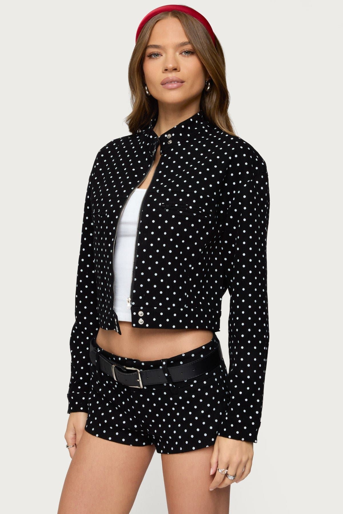 Tabitha Polka Dot Print Jacket - Cotton Spandex Front Zip Button Closure Small