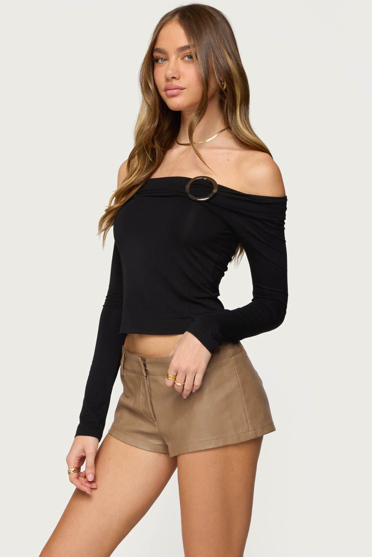 Mazi Foldover Gathered Ring Top - Long Sleeve Off Shoulder Rayon Spandex Blouse