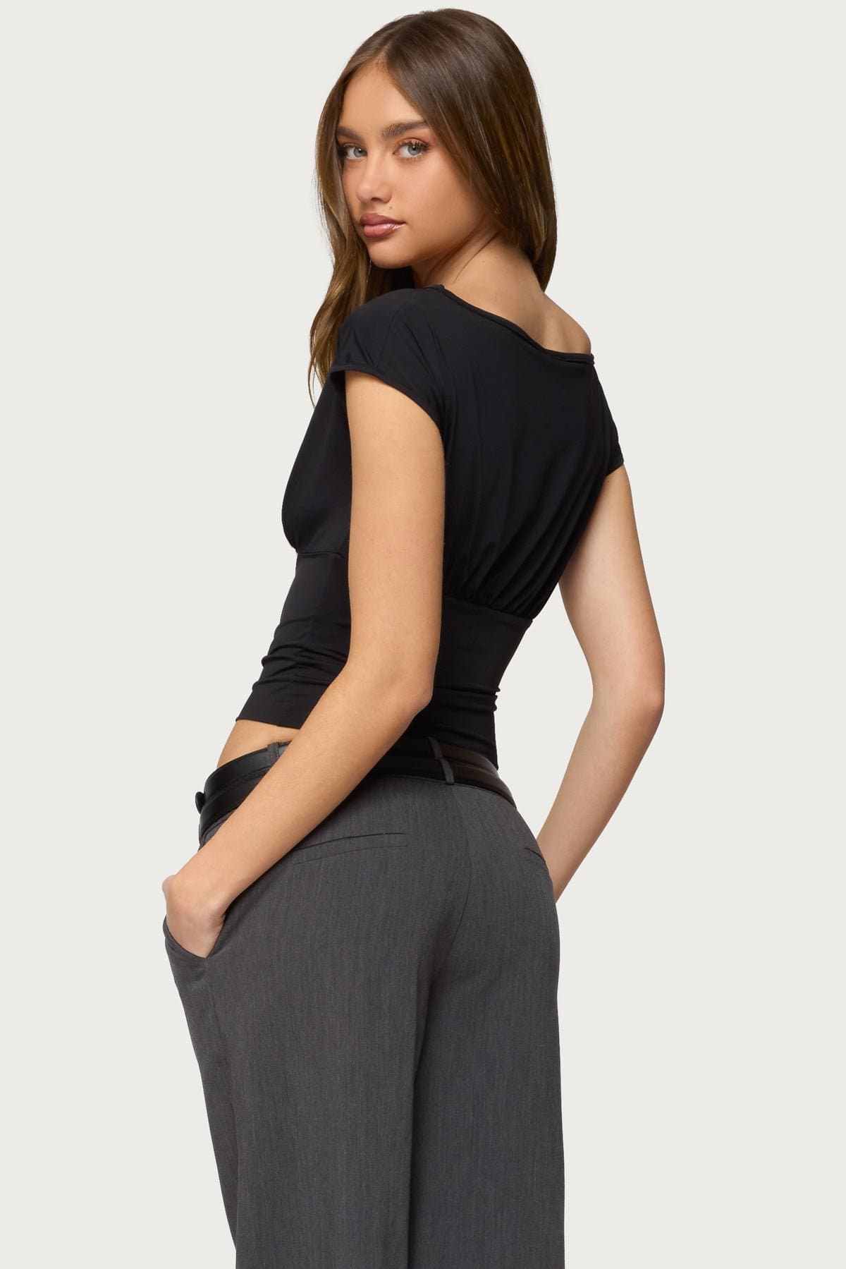 Leonah Ruched Boat Neck Top - Fitted Polyester Spandex