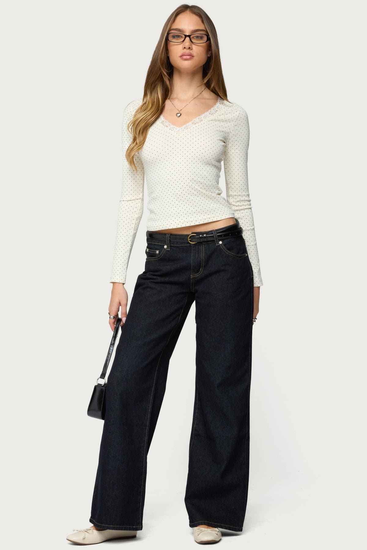 Morah Lacey Polka Dot Long Sleeve V-Neck Top - Cotton Polyester Spandex