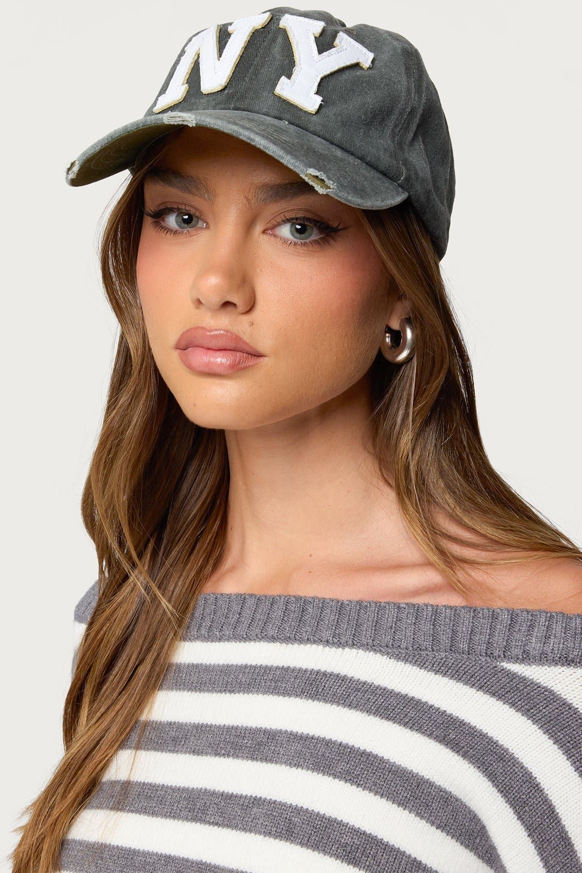NY Distressed Baseball Cap - 100% Cotton Graphic Text Hat