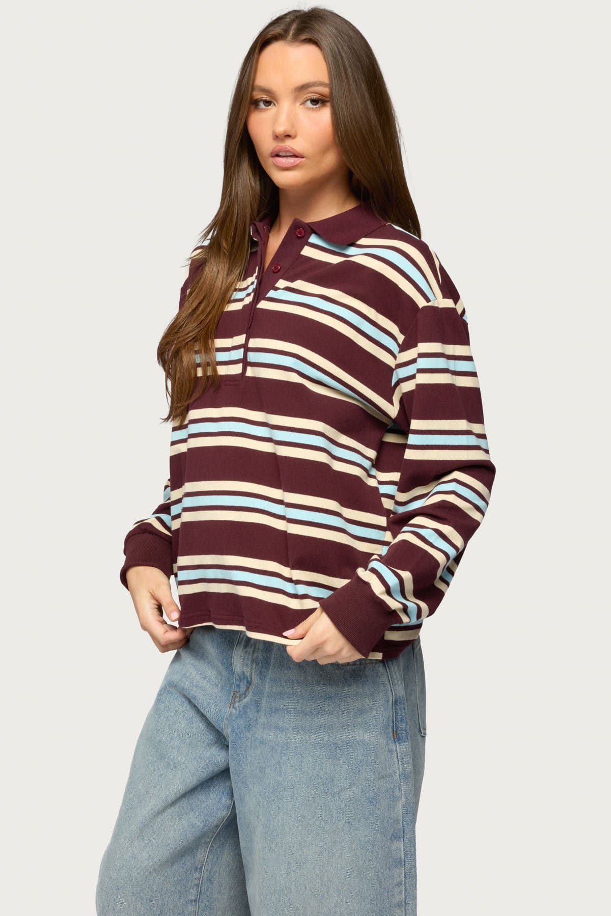 Renya Striped Rugby Shirt Long Sleeve Polo Cotton Rayon Spandex