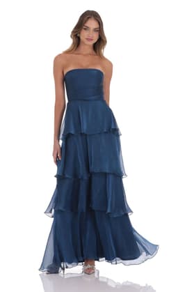 Corset Ruffle Strapless Maxi Dress in Navy