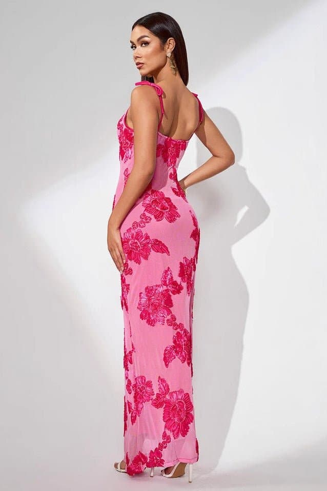 Elegant 3D Flowers Embroidery Mesh Sleeveless A-Line Mid-Calf Floral Dress