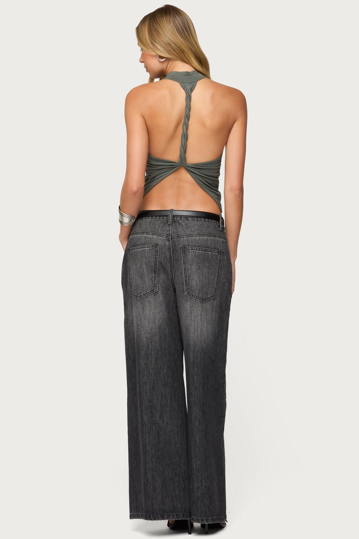 Collie Twisted High Cowl Neck Top - Rayon Spandex Ruched Open Back