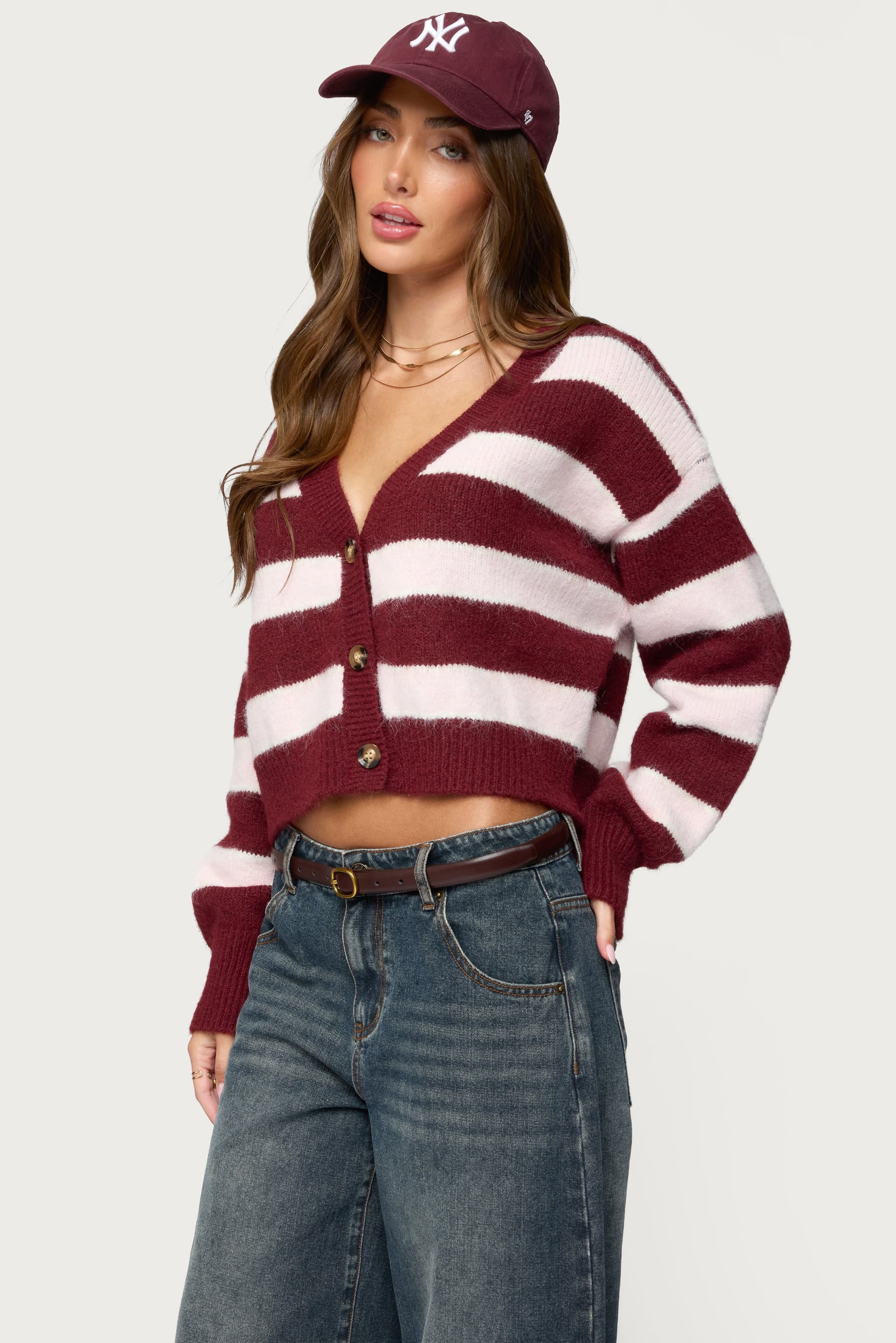 Kaz Striped Knit V-Neck Cardigan - Polyester Nylon Wool Spandex Blend