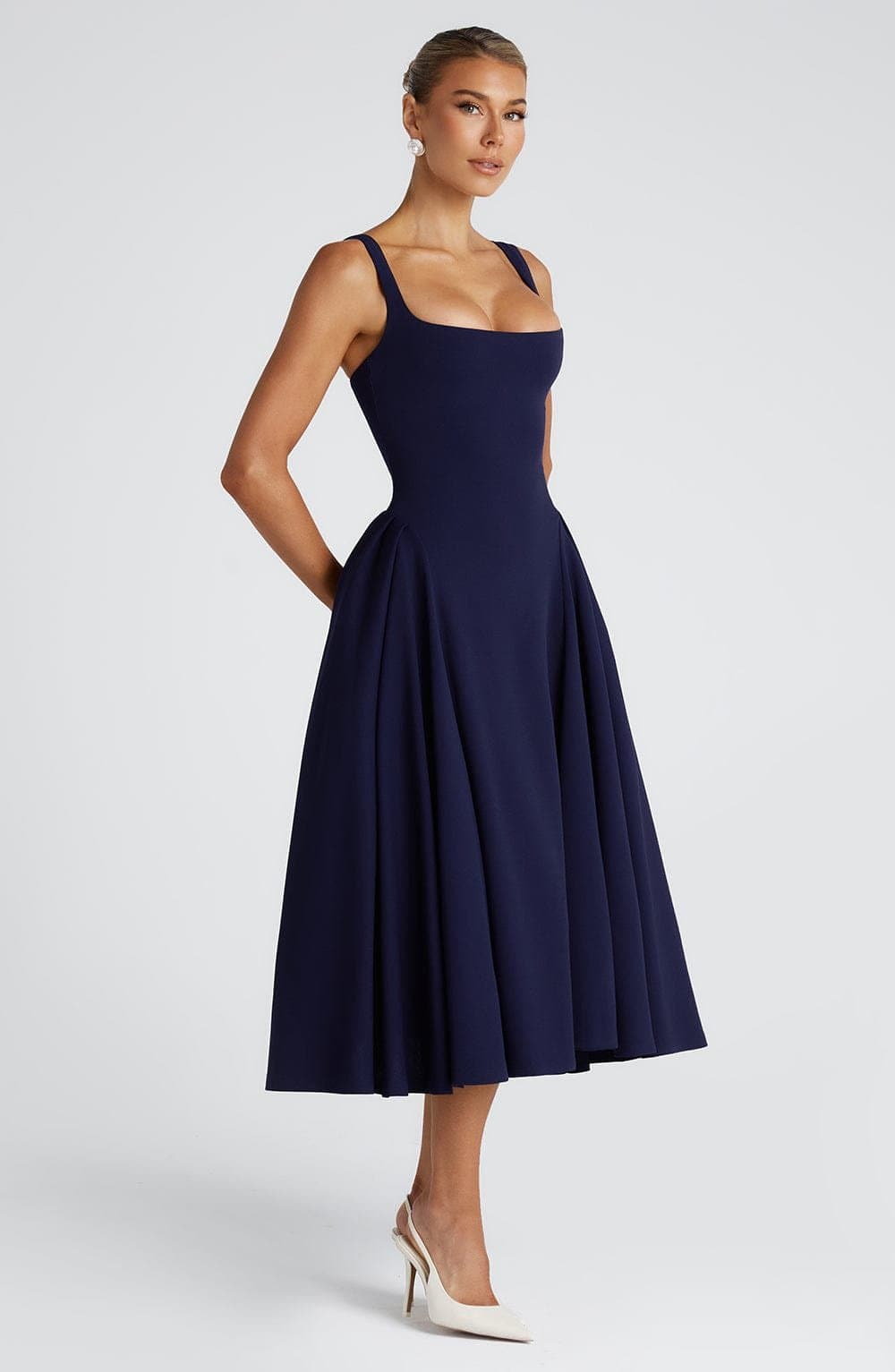 Betty Midi Dress - Navy Stretch Crepe Square Neckline Godet Skirt
