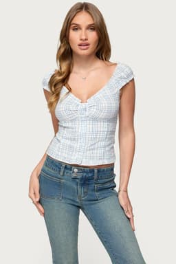 Dolsy Plaid Button Up Top - Wide V Neck, Short Puff Sleeves, Cotton Polyester
