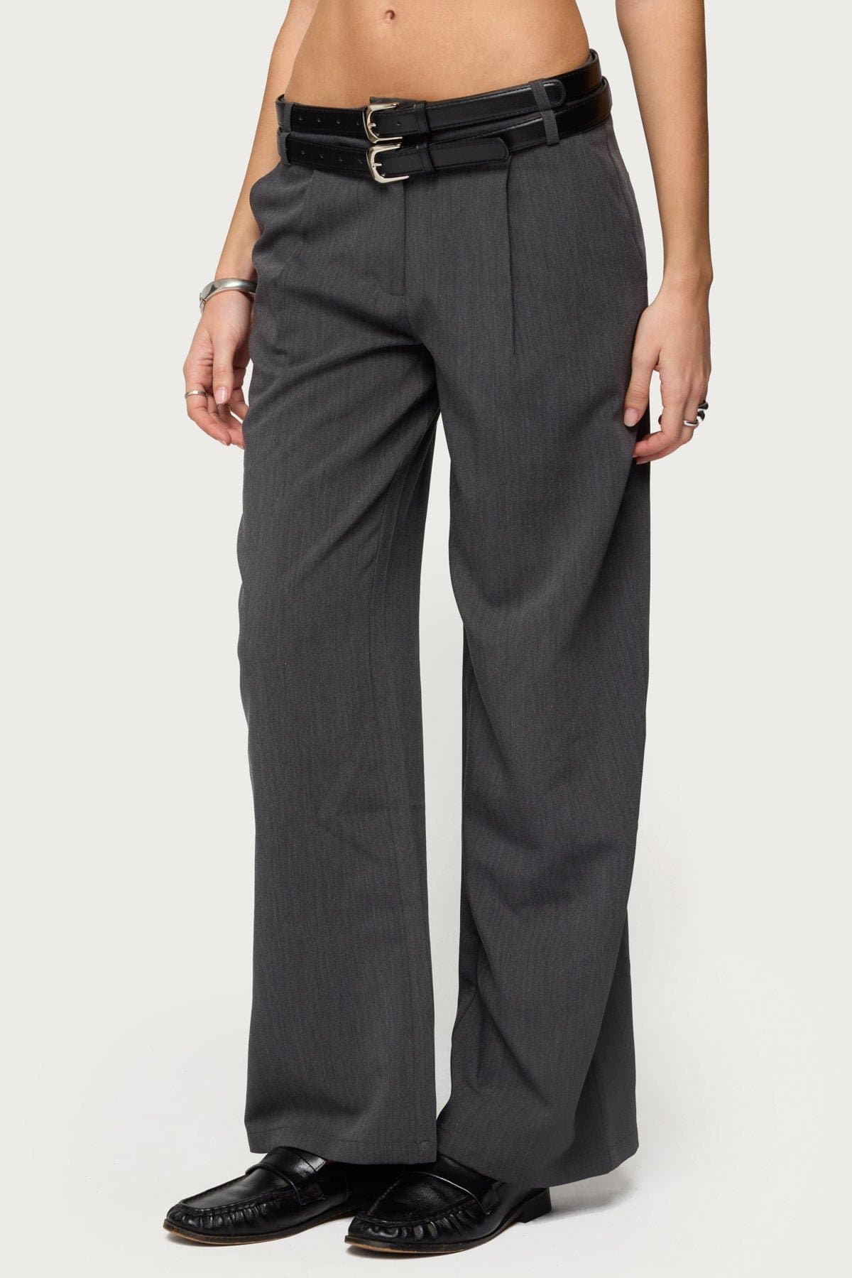 Andy Double Belt Straight Leg Tailored Pants - Polyester Rayon Spandex