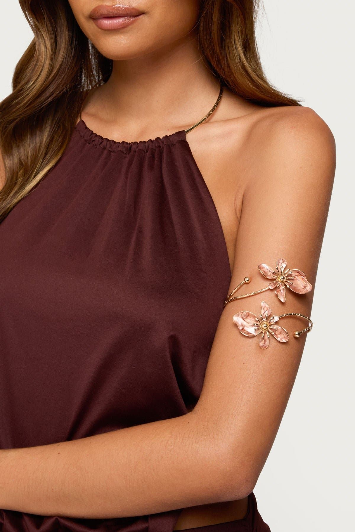 Blush Flower Arm Cuff in Gold Tone Metal and Resin 3.2 Inch Length