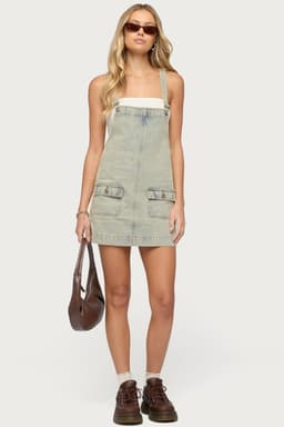 Overall Denim Mini Dress with Adjustable Straps and Pockets 100% Cotton