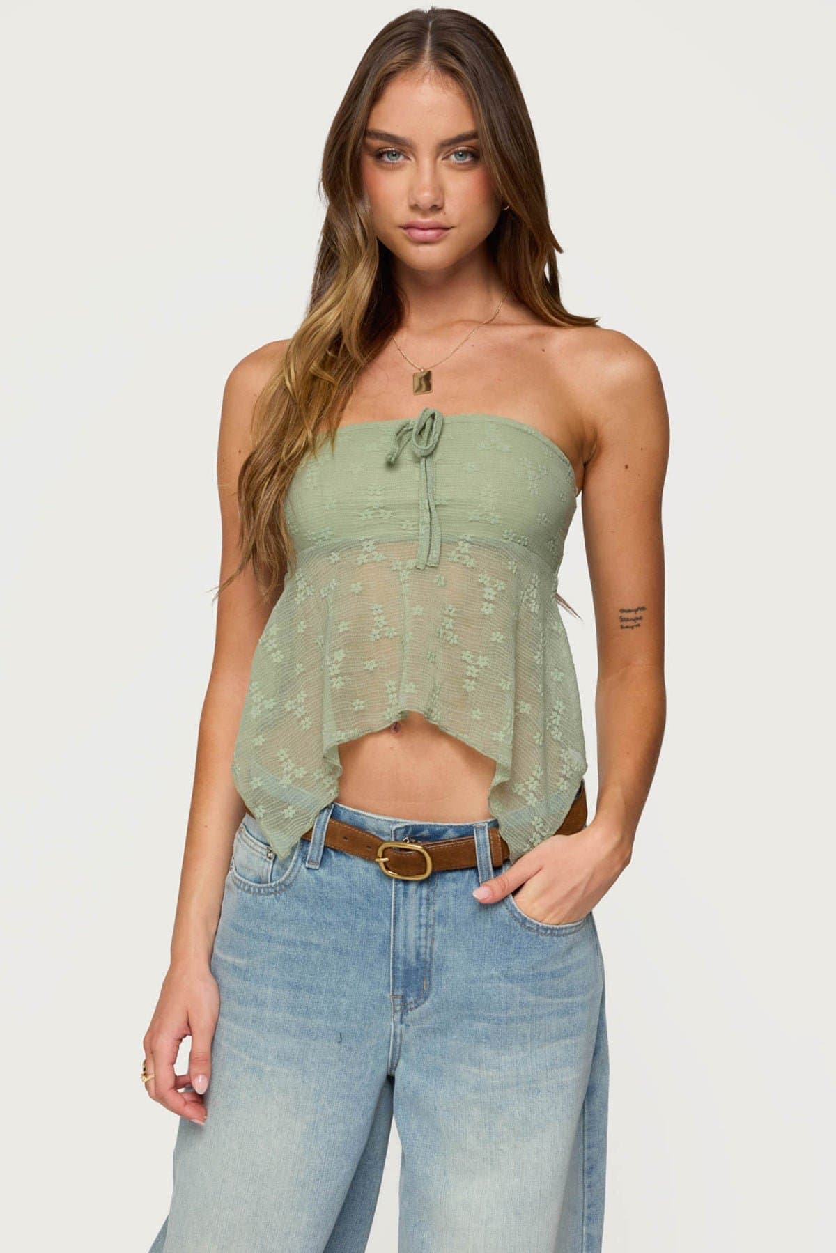 Embroidered Sheer Strapless Top with Asymmetric Hem and Front Tie