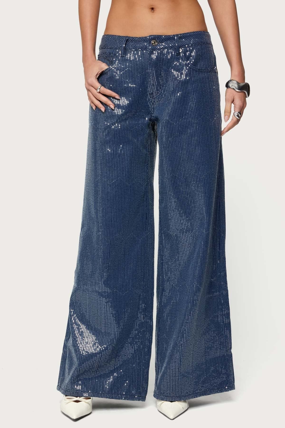 Mirella Sequin Low Rise Baggy Jeans - Rigid Cotton Polyester Denim