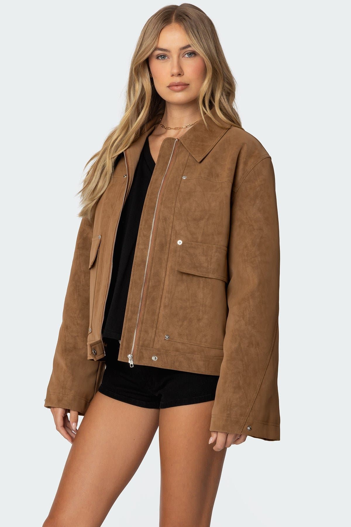 Annabelle Oversized Faux Suede Jacket - Collared Polyurethane Rayon Women's Coat