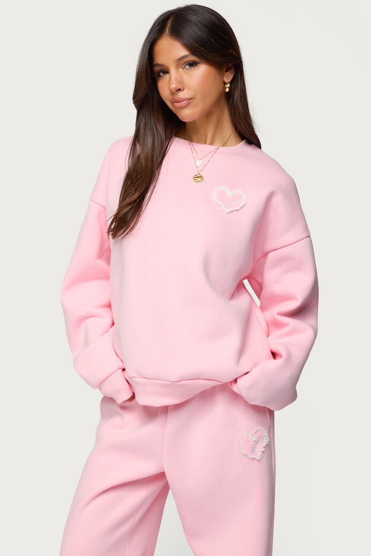 Love Edikted Oversized Crewneck Sweatshirt with Lace Heart Patch