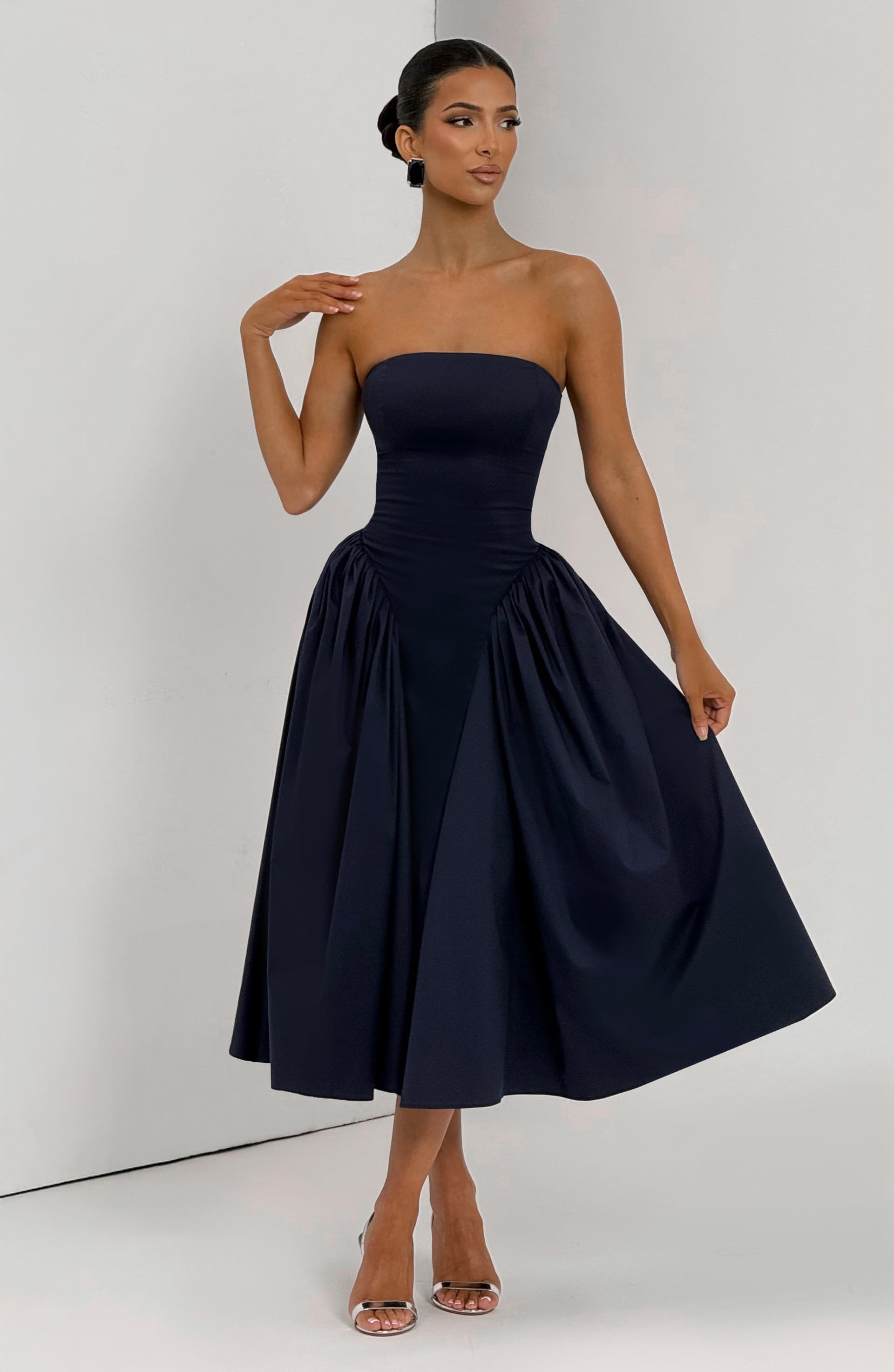Darla Midi Dress - Navy Strapless Boned Bodice Full Skirt
