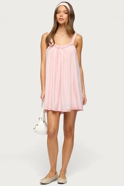 Christena Ruffle Mini Dress with Hem Trim & Center Bow Detail Rayon