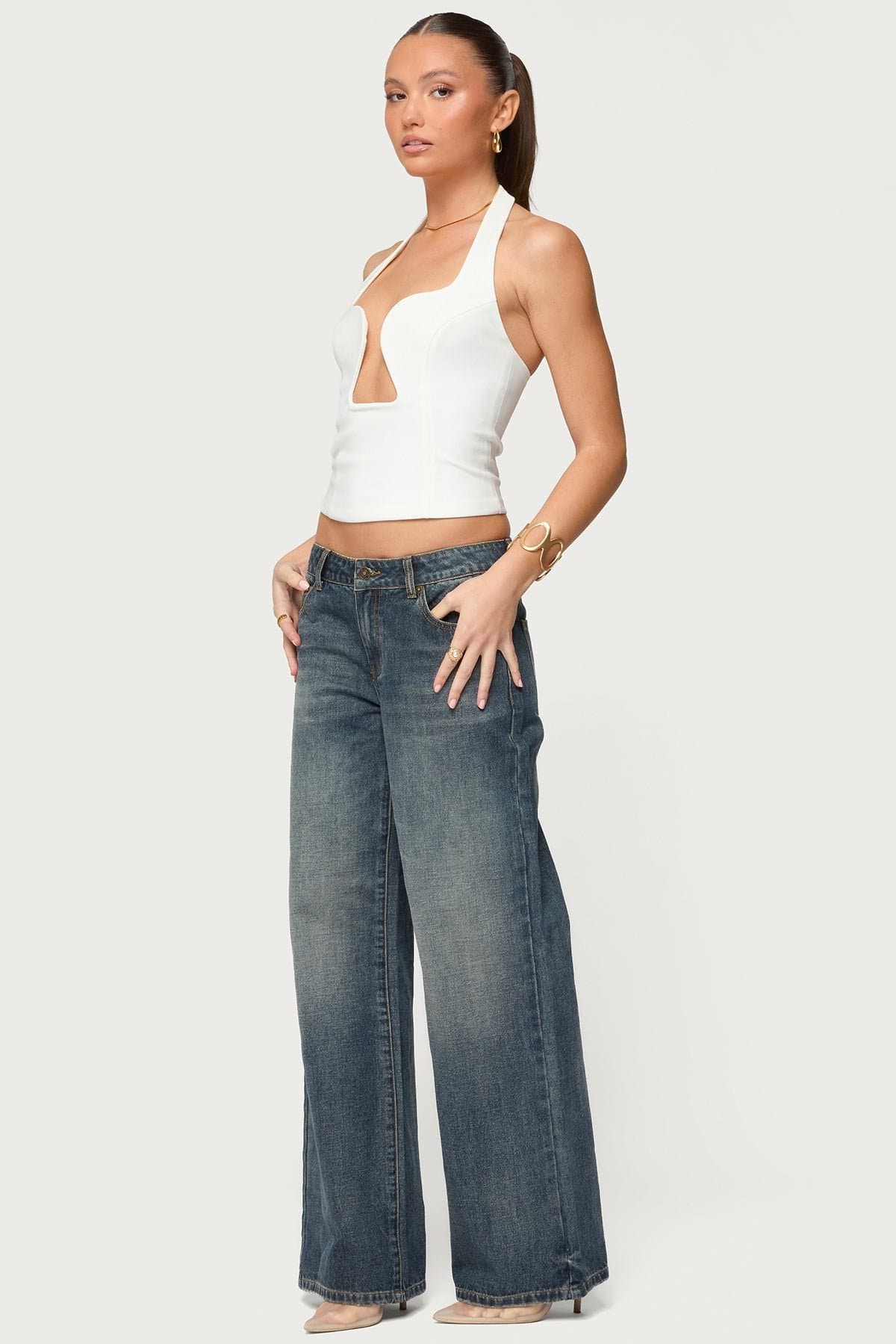 Stassy Abstract Cutout Halter Top - Polyester Spandex Back Zip Closure