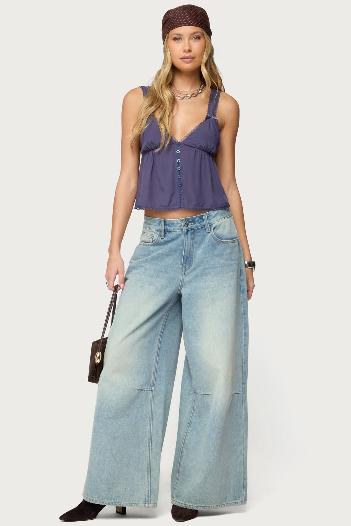 Andea Babydoll Tank Top with Lace Trim, Adjustable Straps, Rayon Polyester