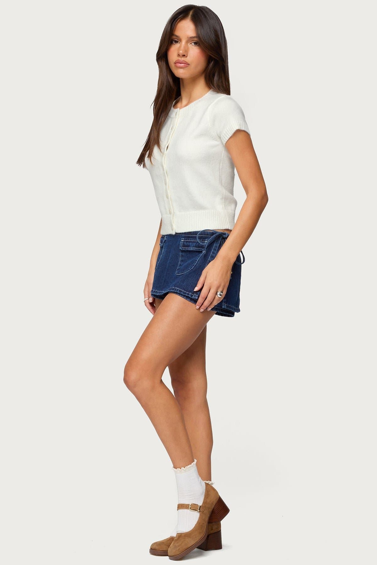 Coreen Button Up Knit Top - Short Sleeve Ribbed Acrylic Polyester Nylon