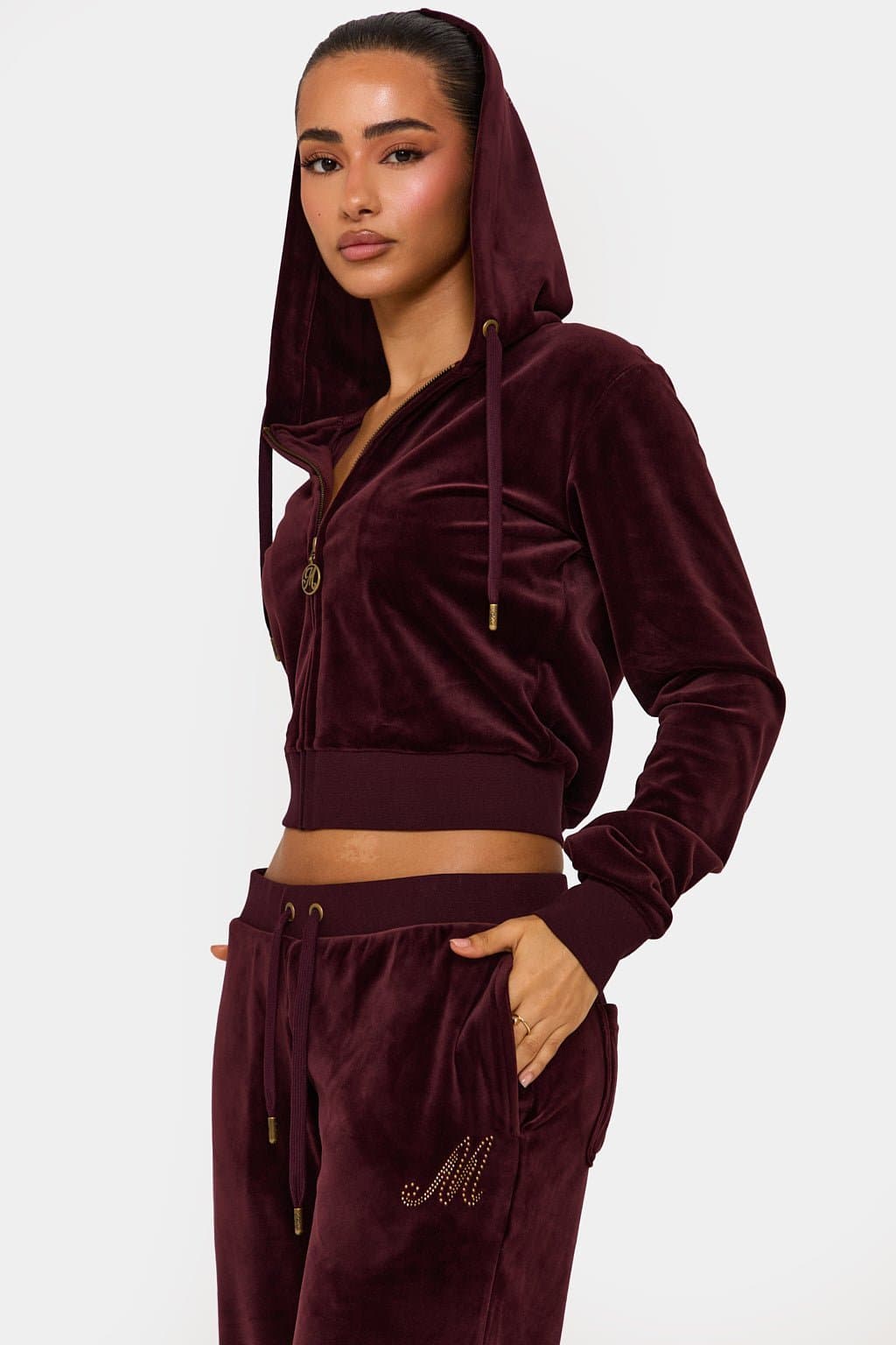 Wine Velour Zip Up Hoodie with Murci Branding Regular Fit