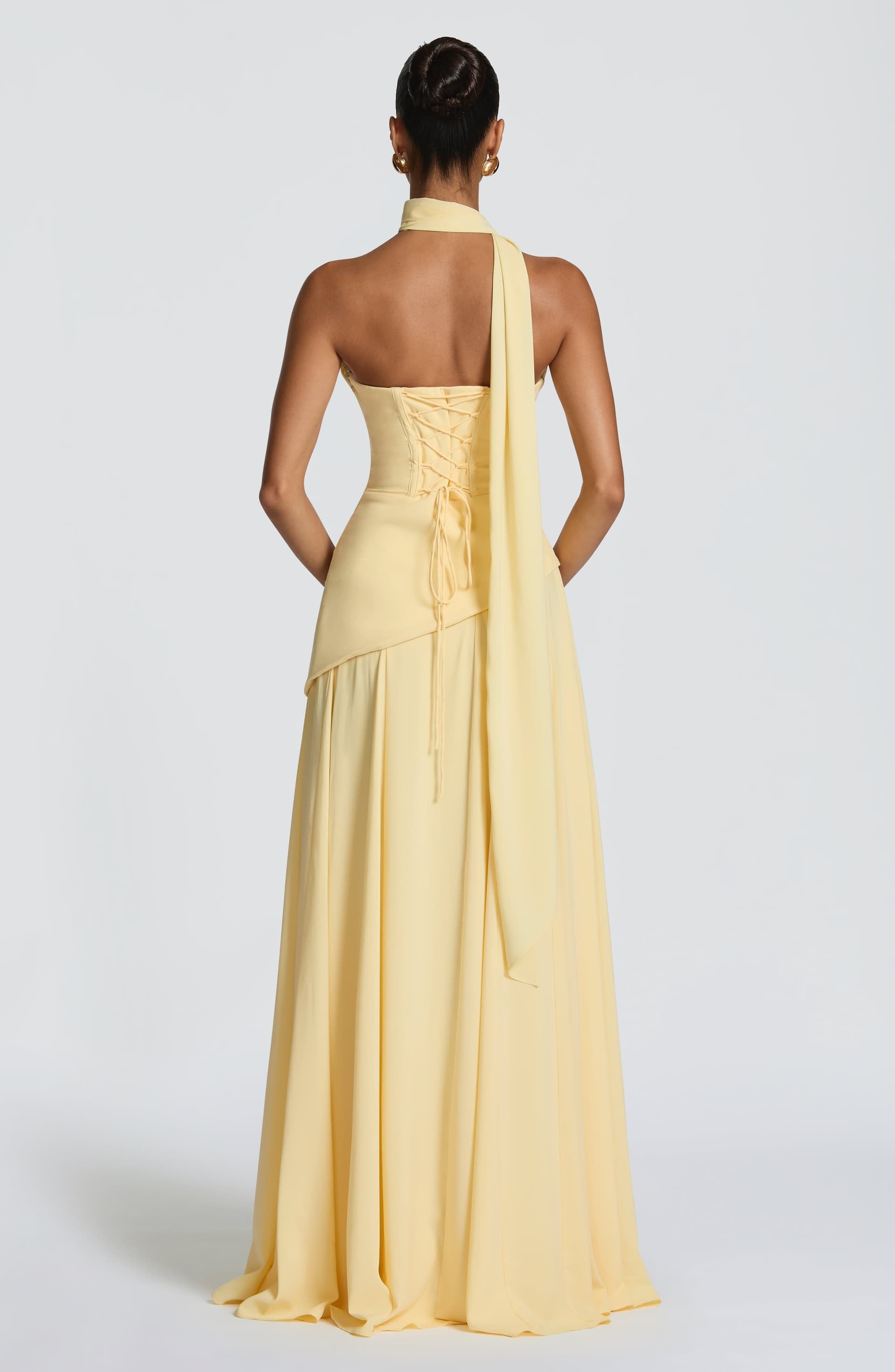 Patricia Lemon Chiffon Maxi Dress - Scooped Neckline, Lace-Up Back, Pleated Bodice