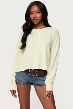 Deni Long Sleeve Henley Waffle Top - Polyester Cotton Spandex Blend
