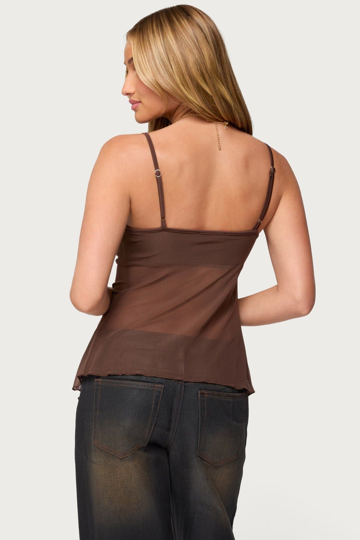 Reeve Split Front Sheer Mesh Tank Top - Adjustable Straps, Lined Bust, Polyester Spandex