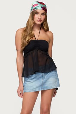 Sheer Chiffon Babydoll Halter Top with Neck Tie Closure, Ruching & Smocked Back