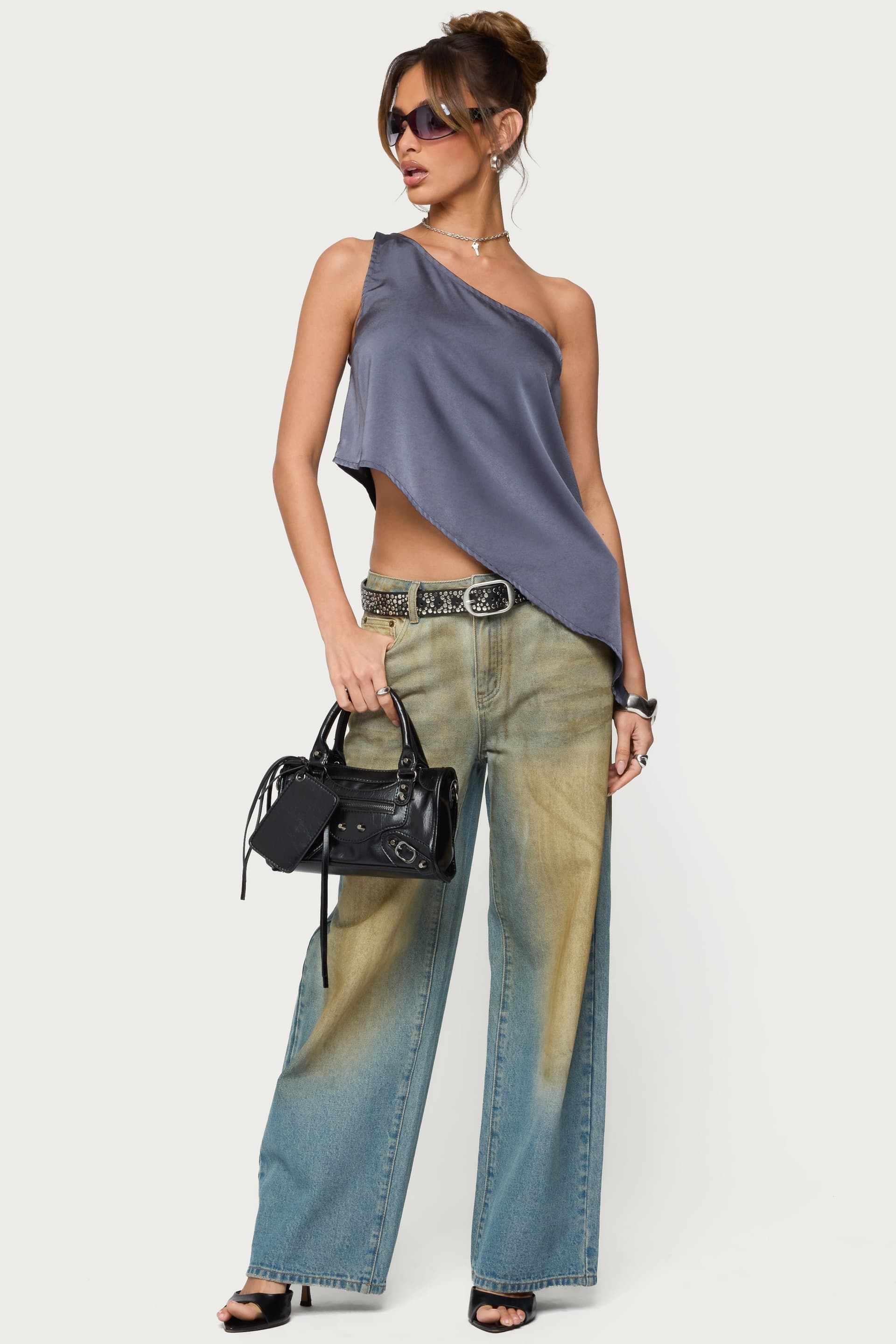 Asymmetric Satin Effect One Shoulder Top - Polyester Spandex