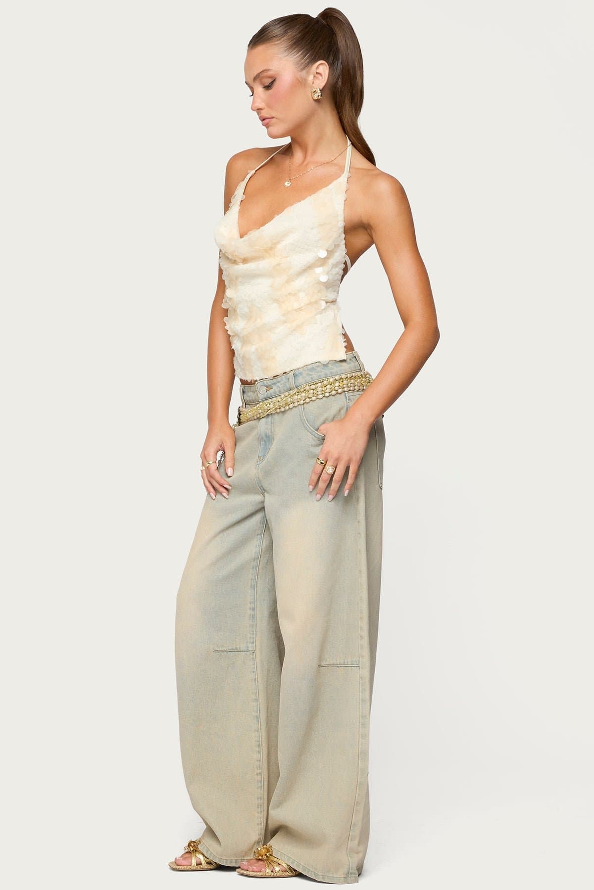 Reid Backless Sequin Cowl Neck Halter Top