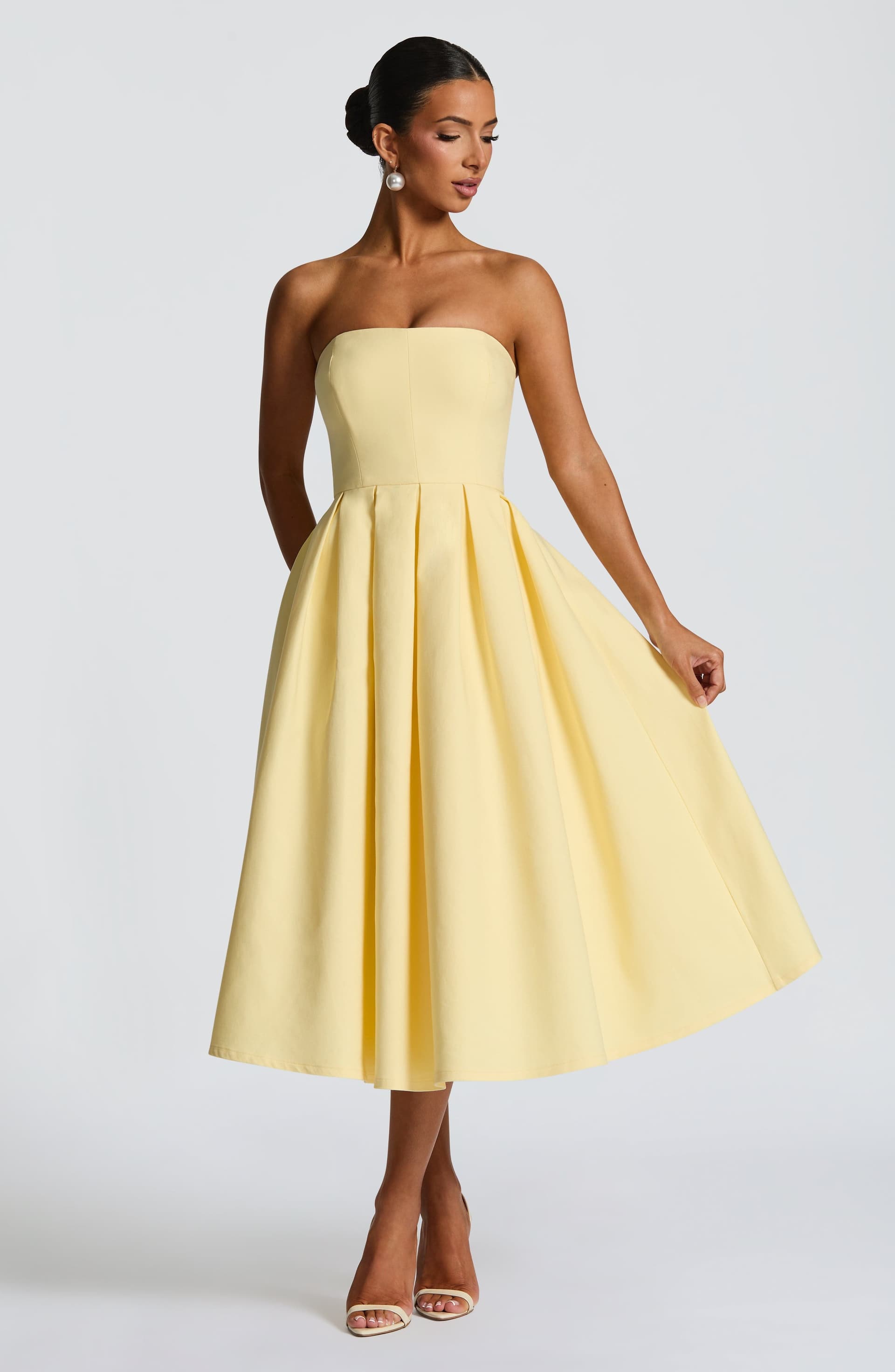 Edith Strapless Midi Dress in Lemon - Stretch Bengaline with Boning