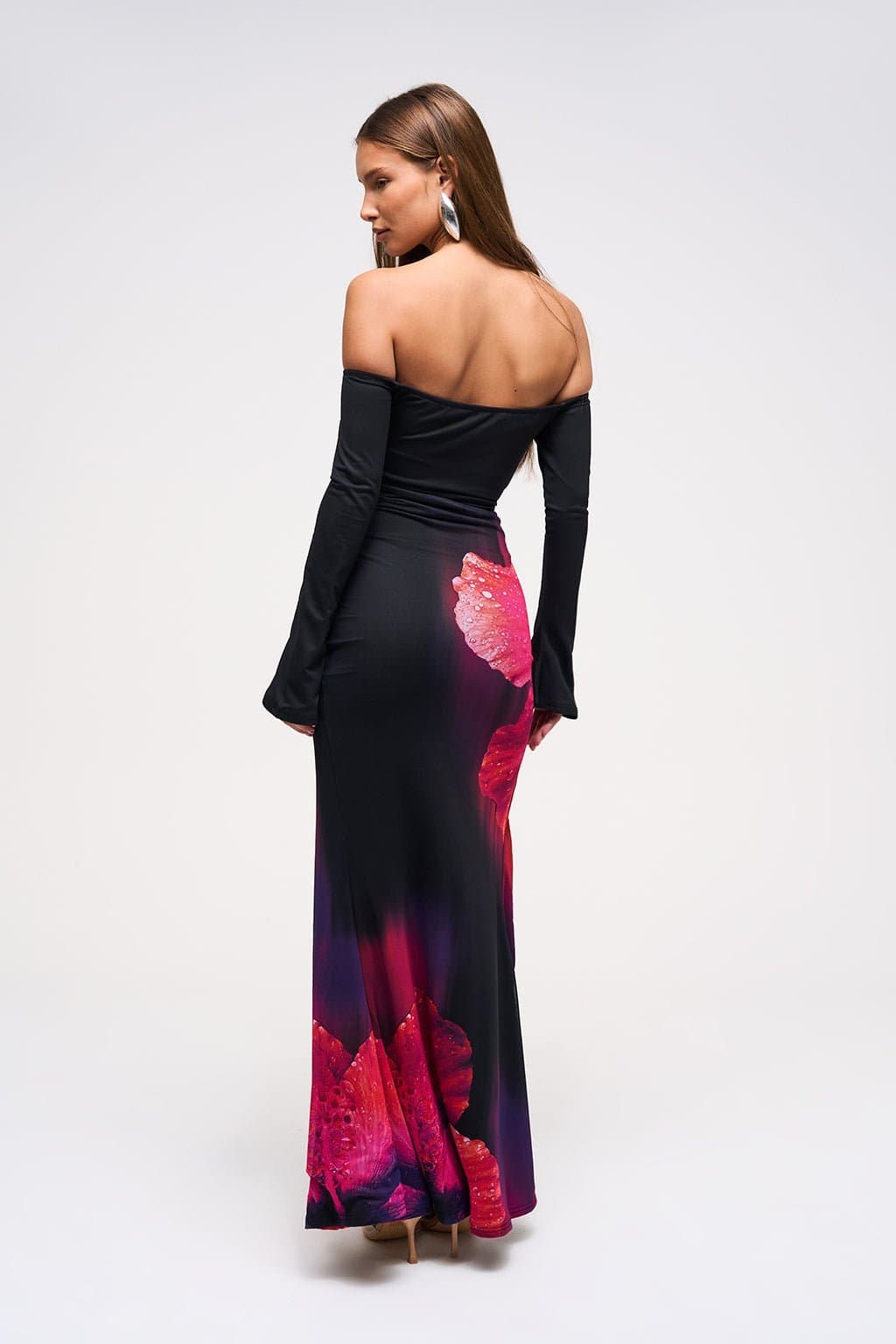 Bardot Maxi Dress in Hibiscus Glow Print - Fit and Flare, Thigh-High Split, Fluted Sleeve