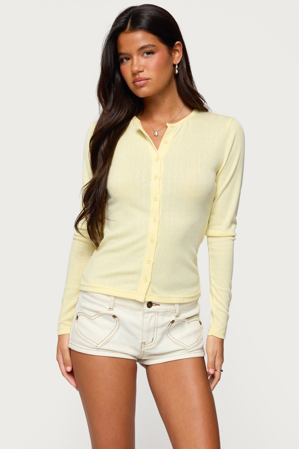 Maeva Button Up Pointelle Top Long Sleeve Polyester Spandex