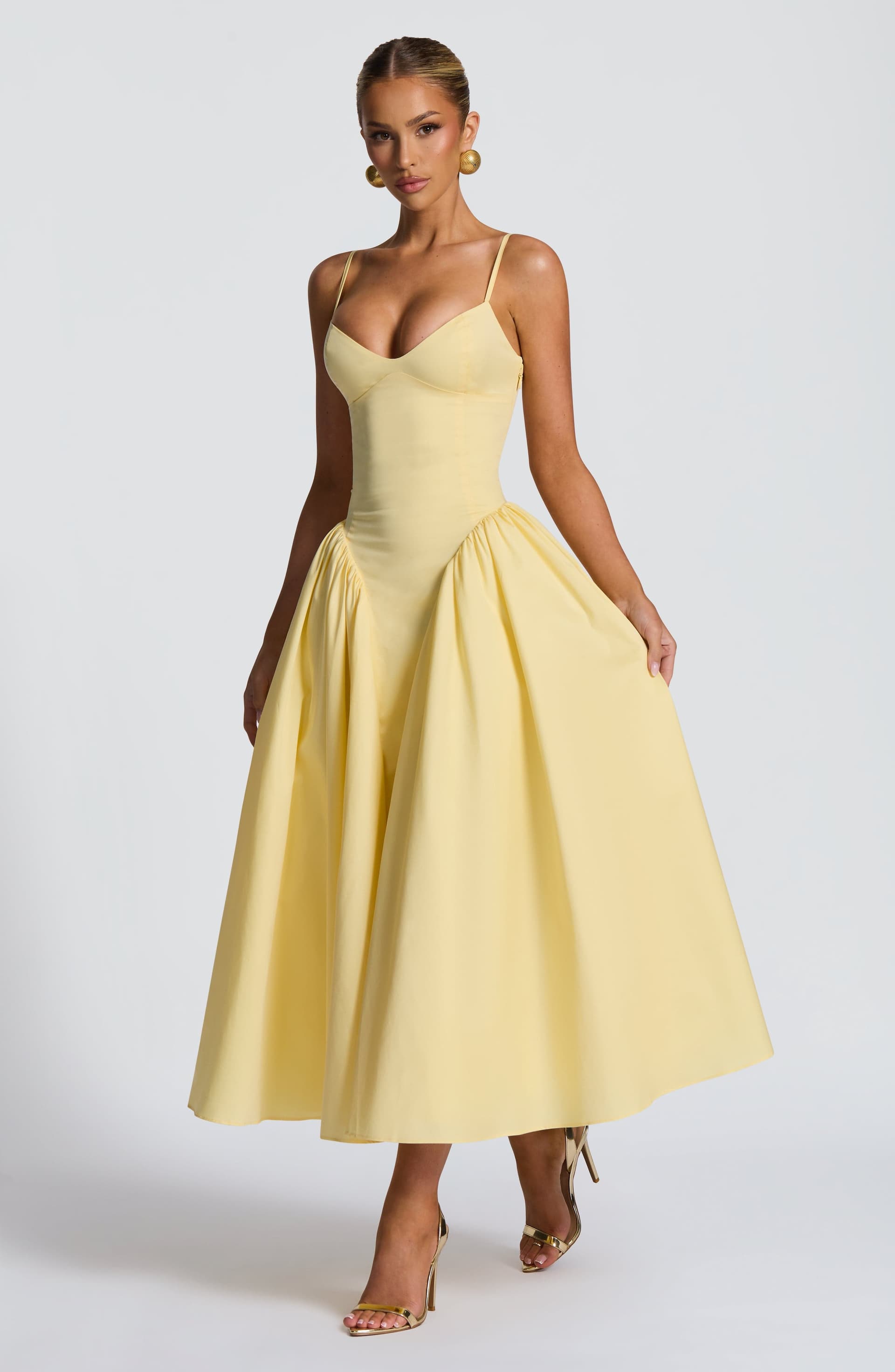 Emerson Midi Dress Lemon Yellow Sweetheart Neckline Lace-Up Back Cotton Nylon Elastane Blend